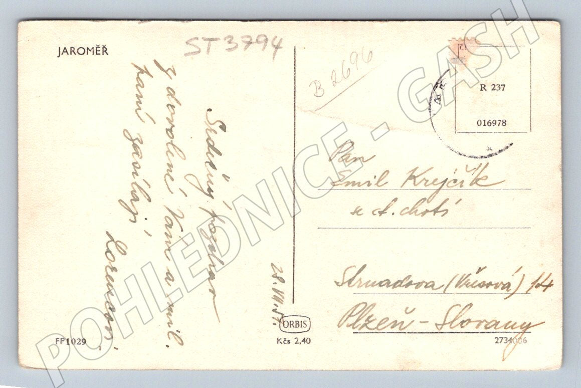Postcard Jaroměř 1949 sent (ST3794)
