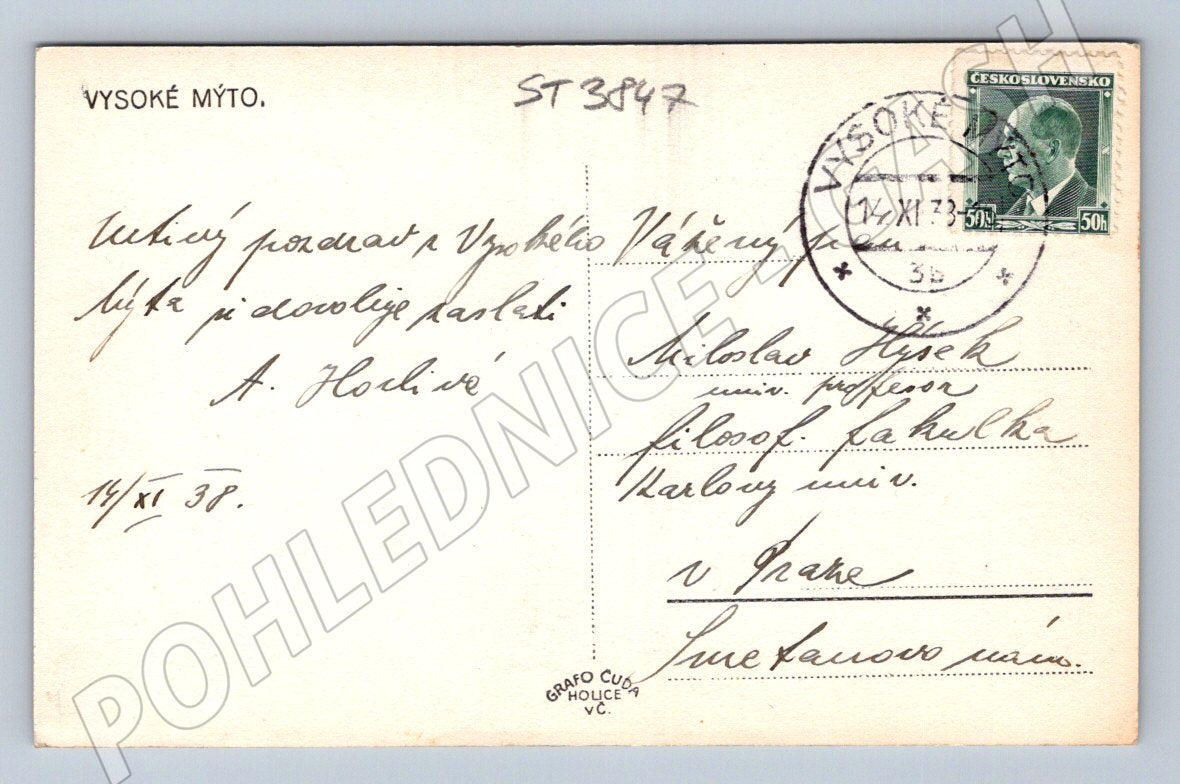 Postcard Vysoké Mýto sent in 1938 (ST3847)