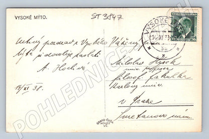 Postcard Vysoké Mýto sent in 1938 (ST3847)