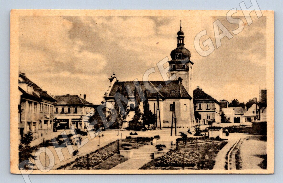 Postcard Unhošť square with church stamp (ST3973)