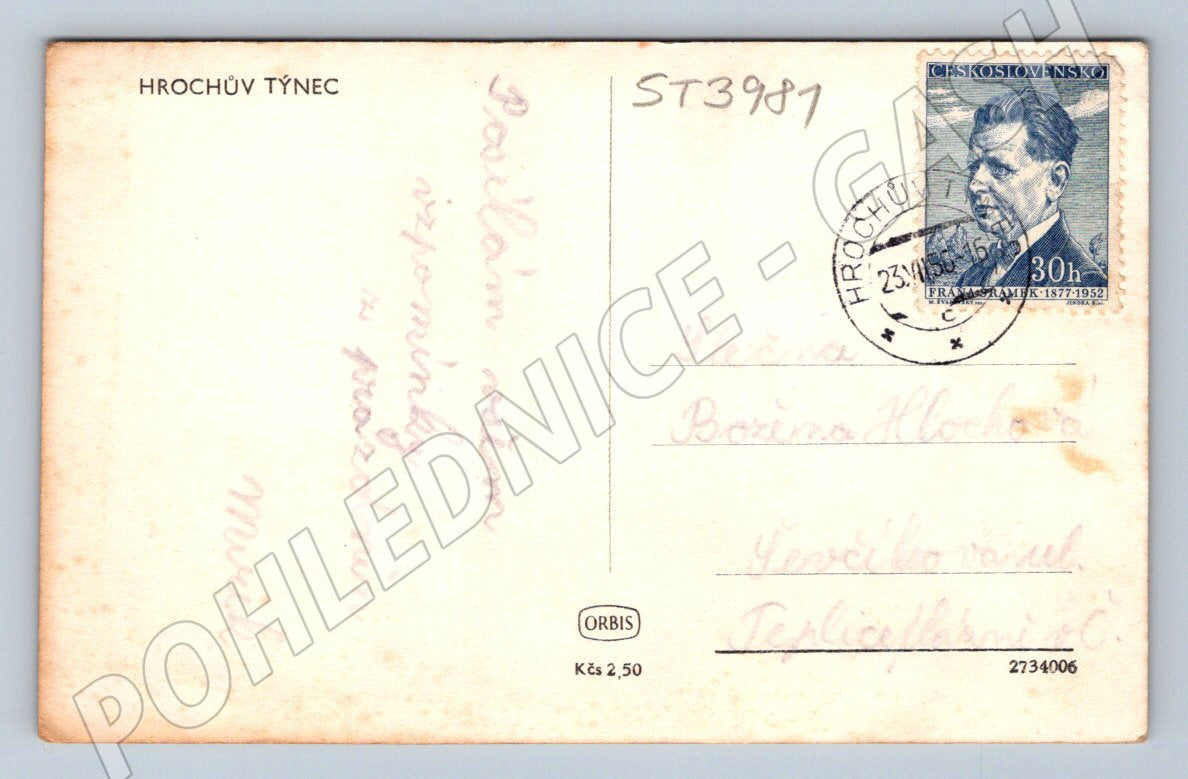 Postcard Hrochův Týnec used 1956 (ST3981)