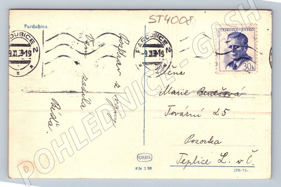 Postcard Pardubice cancelled 1949 (ST4008)