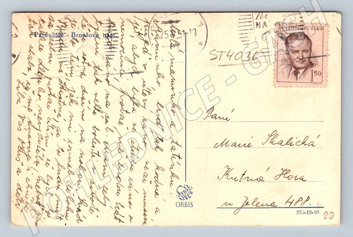 Postcard Pardubice Benešovo Square (ST4036)