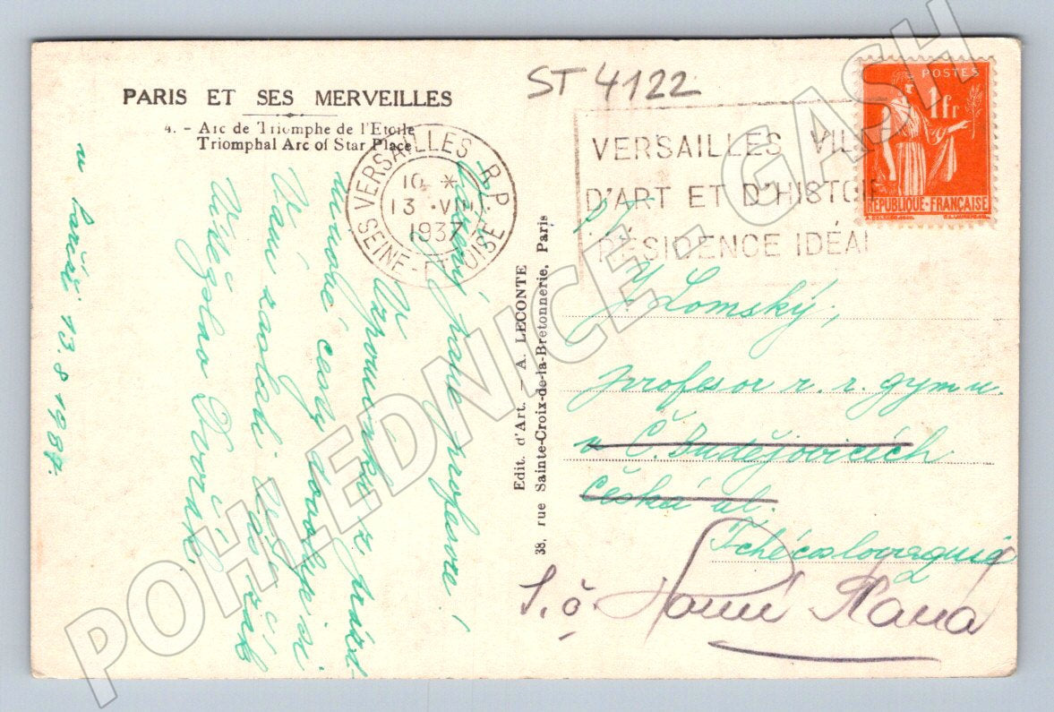 Pohlednice Paříž Vítězný oblouk 1937 (ST4122)