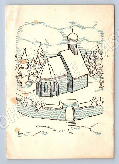 Postcard church in nature, cartoon (ST4150)