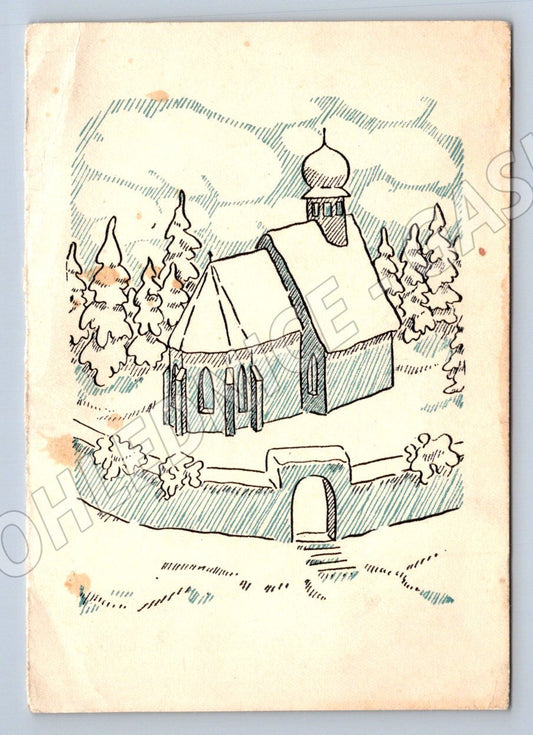 Postcard church in nature, cartoon (ST4150)