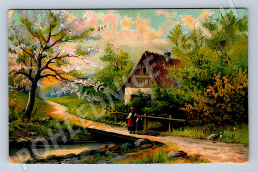 Pohlednice loďka na řece malebný motiv (ST4158)