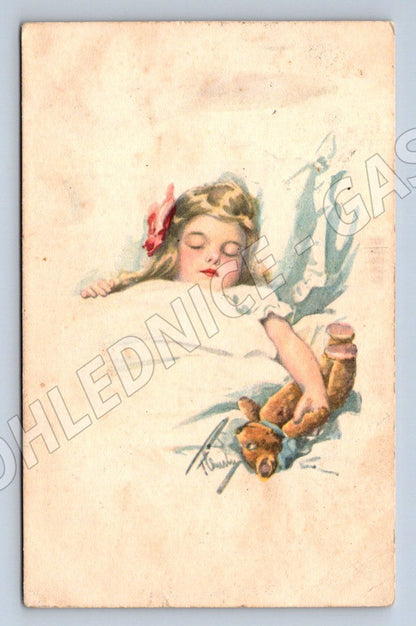 Postcard sleeping girl with teddy bear (ST4295)