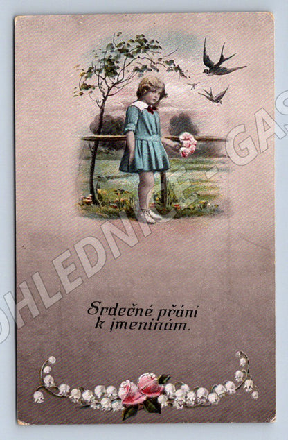 Postcard girl and swallows 1917 (ST4298)