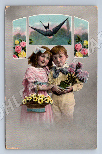 Pohlednice děti s květinami a vlaštovkou 1908 (ST4313)