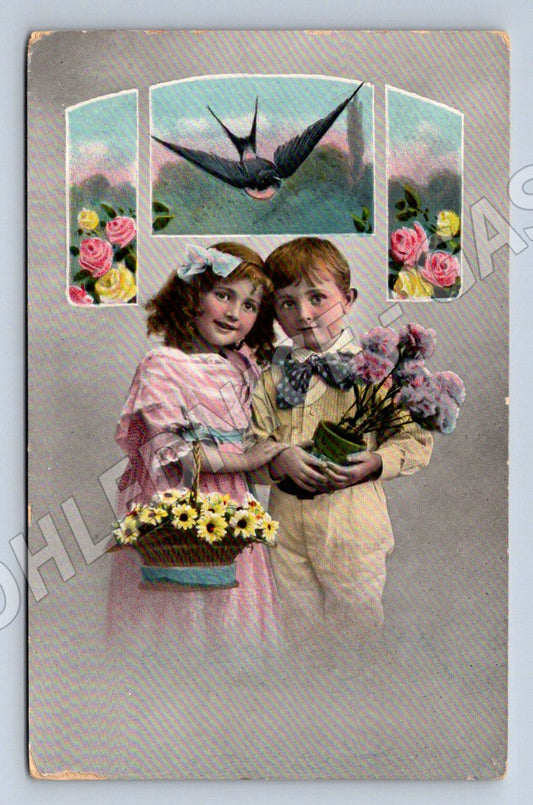 Pohlednice děti s květinami a vlaštovkou 1908 (ST4313)