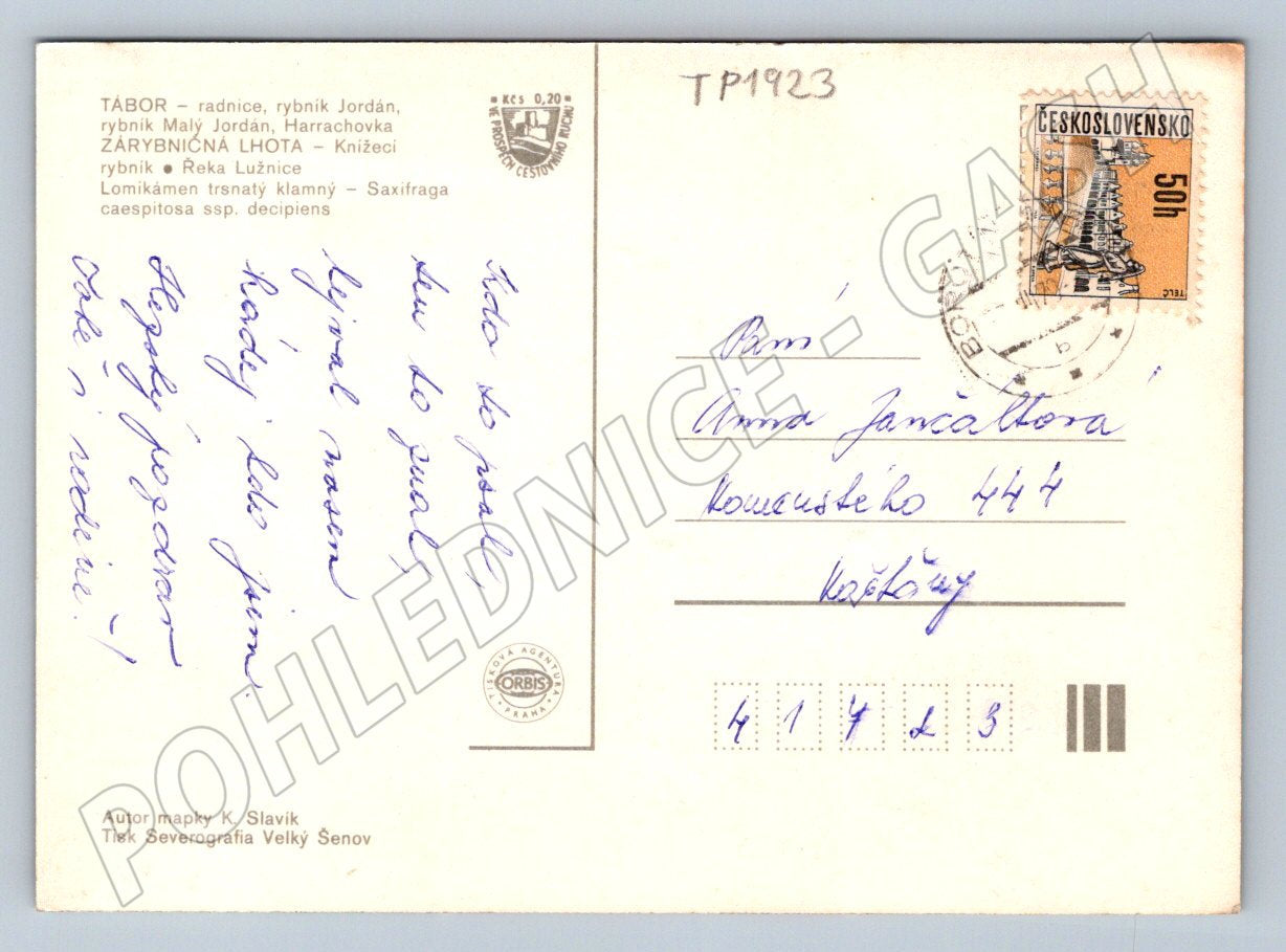 Pohlednice Táborsko místopisná s mapou 1970 (TP1923)
