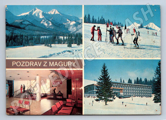 Pohlednice Slovensko Magura Vysoké Tatry lyžaři hotel (TP1948)