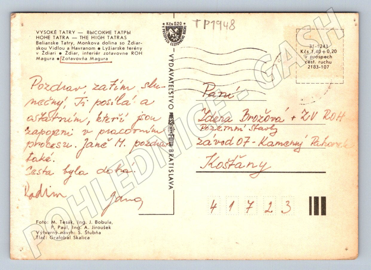 Pohlednice Slovensko Magura Vysoké Tatry lyžaři hotel (TP1948)