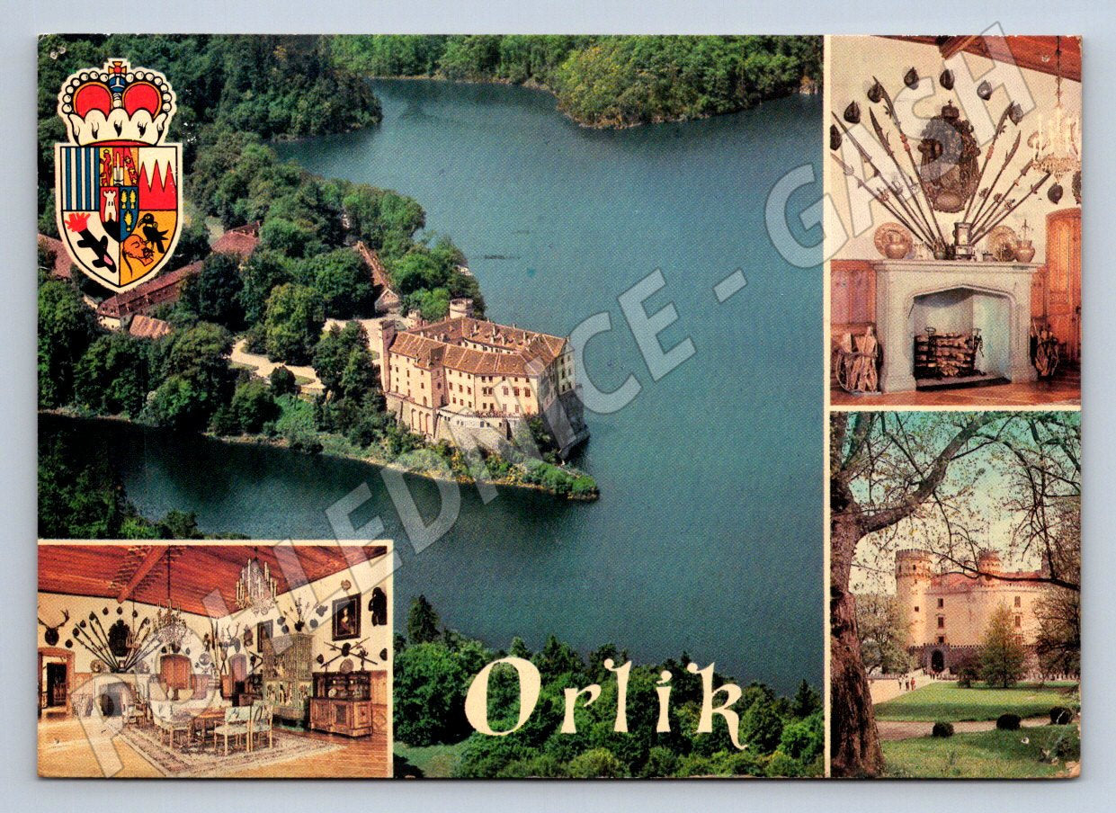 Pohlednice Orlík zámek, interiér, letecký pohled 1968 (TP1950)