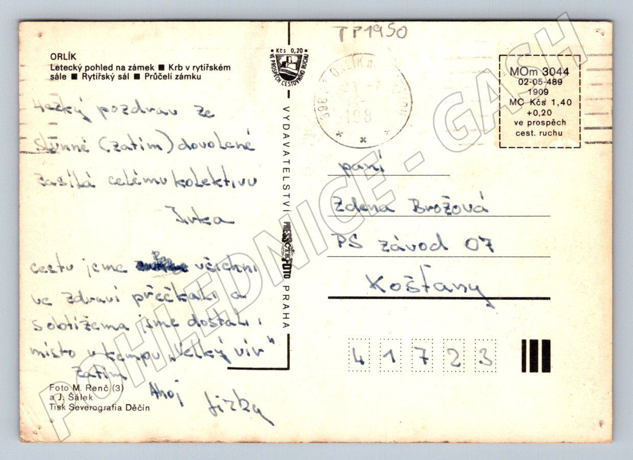 Pohlednice Orlík zámek, interiér, letecký pohled 1968 (TP1950)
