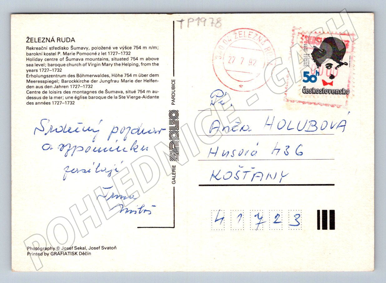 Pohlednice Železná Ruda panorama kostel 1982 (TP1978)