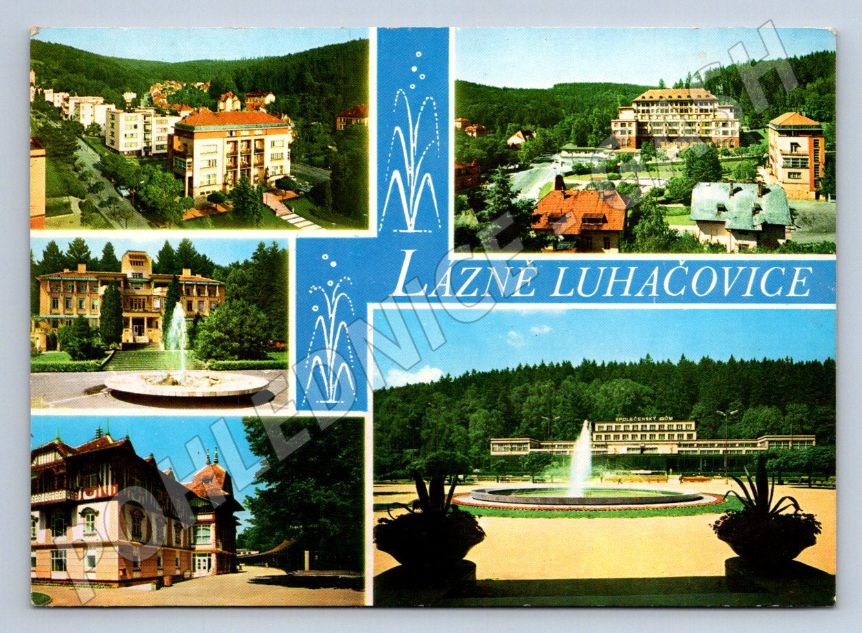 Pohlednice Luhačovice lázně koláž fontány 1970s (TP1993)