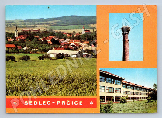 Pohlednice Sedlec-Prčice panorama, komín s čápem, škola (TP2103)