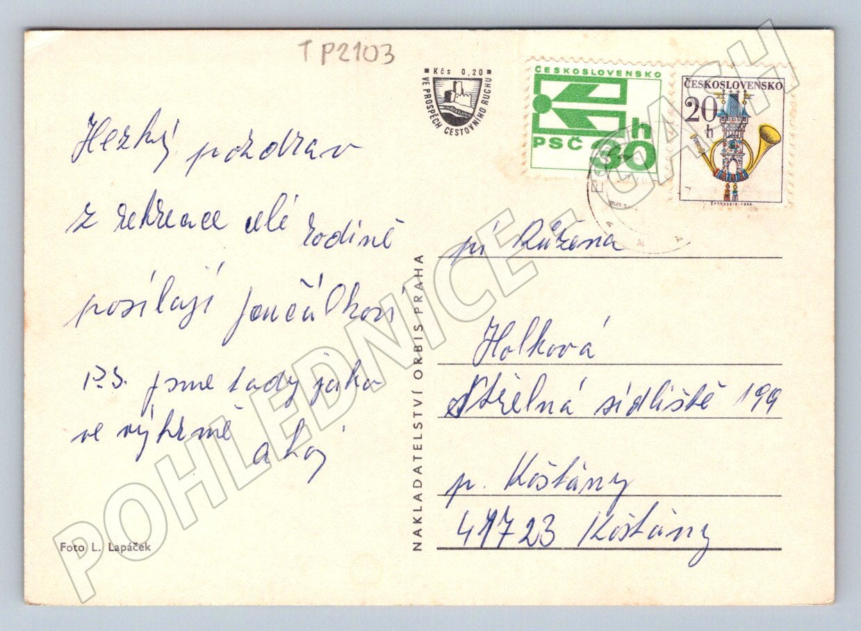 Pohlednice Sedlec-Prčice panorama, komín s čápem, škola (TP2103)