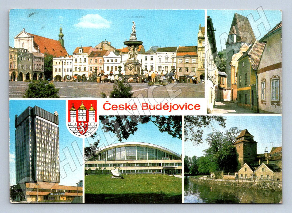 Pohlednice České Budějovice koláž centra a budov 1991 (TP2147)