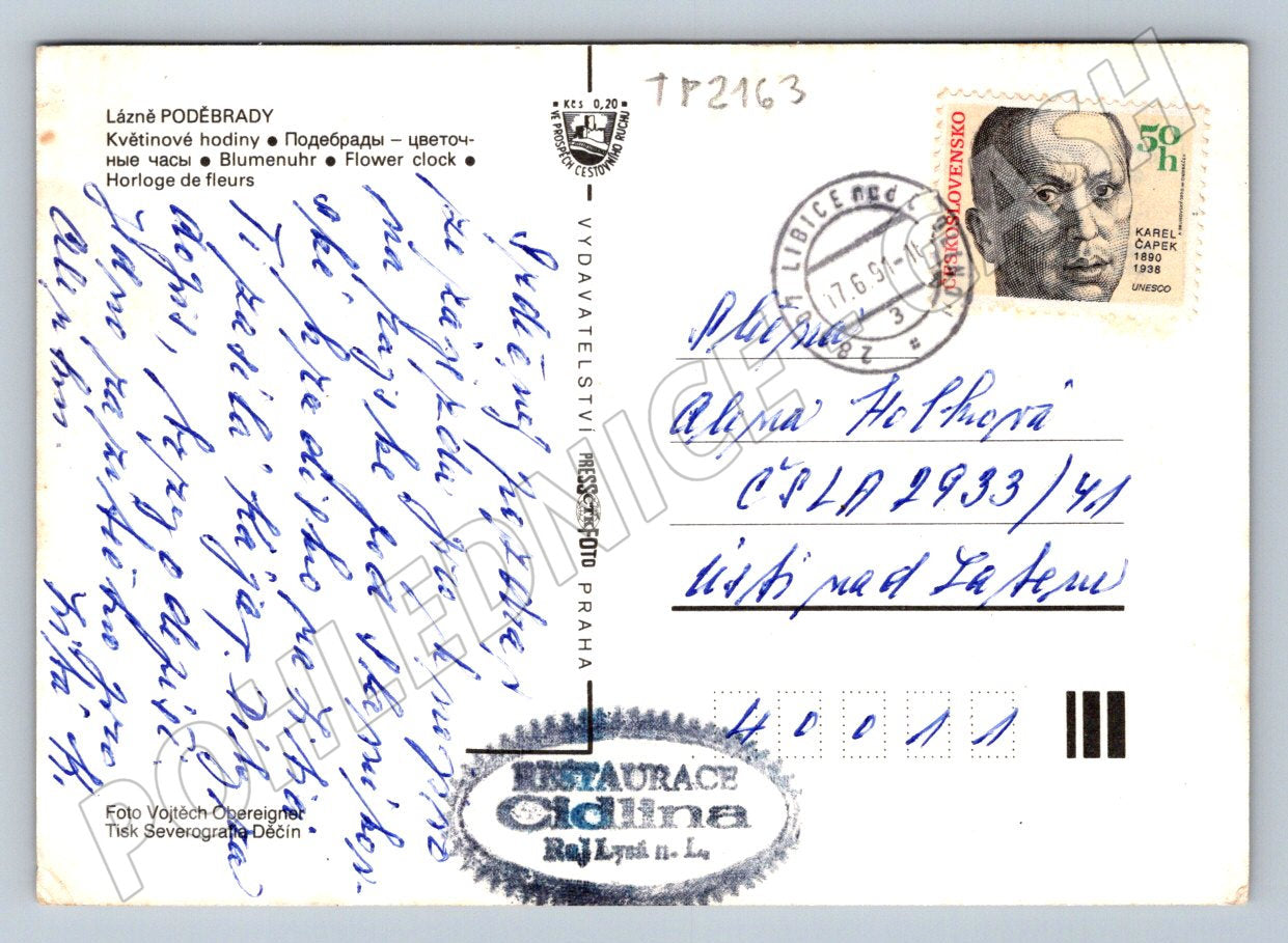 Pohlednice Poděbrady Květinové hodiny 1991 (TP2163)