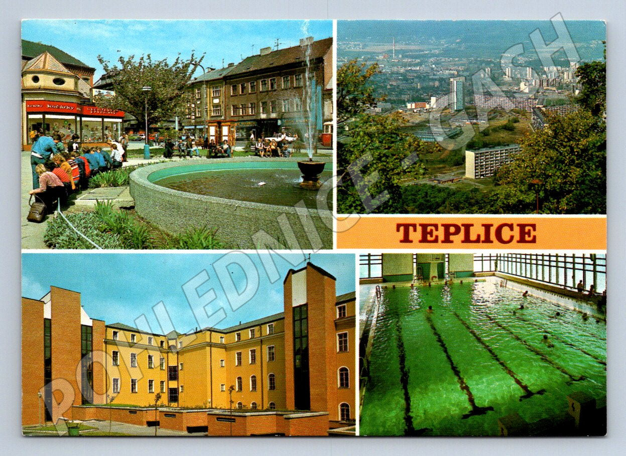 Pohlednice Teplice náměstí, celkový pohled, lázně, bazén (TP2196)