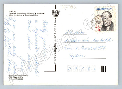 Pohlednice Čáslav městské panoráma a Otakarova bašta 1957 (TP2343)