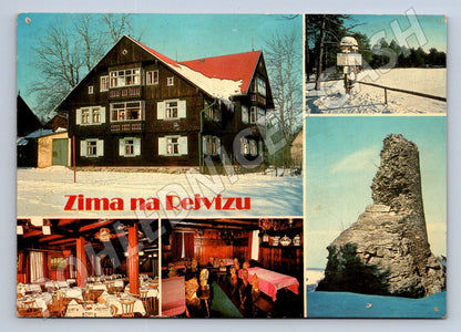 Pohlednice Rejvíz Zima chata interiery zřícenina 1968 (TP2539)