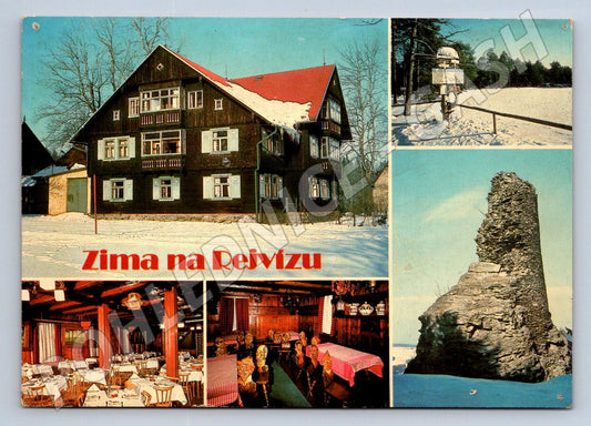 Pohlednice Rejvíz Zima chata interiery zřícenina 1968 (TP2539)