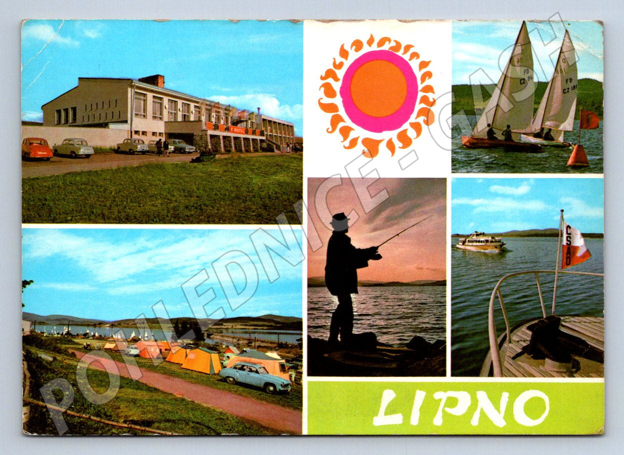 Pohlednice Lipno koláž hotel kemp lodě 1974 (TP2560)